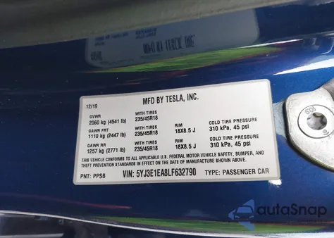 2020 Tesla Model 3 Standard Range Plus Rear-Wheel Drive/Standard Range Rear-Wheel Drive из США, поврежденный, VIN 5YJ3E1EA8LF632790